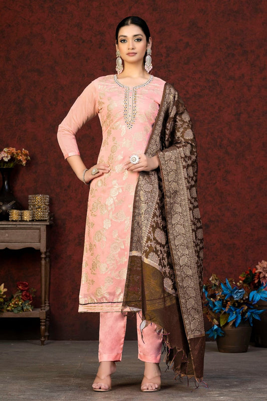 Peach Unstitched Banarasi Jacquard Pant Style Suit NCUS11610105