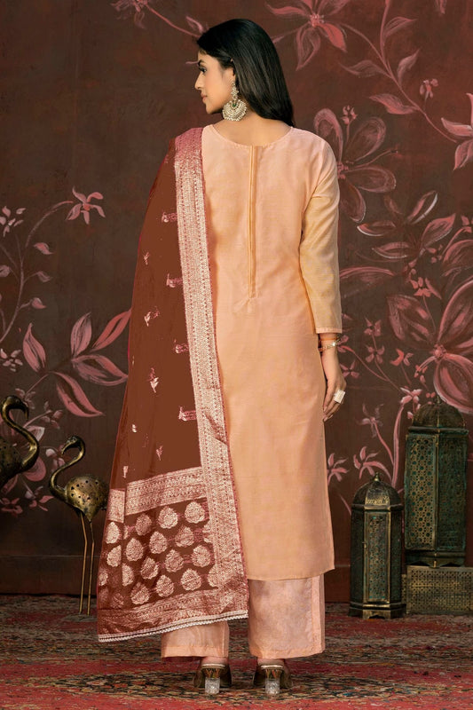 Peach Unstitched Cotton Jacquard Straight Suit NCUS11610160