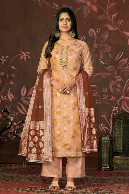 Peach Unstitched Cotton Jacquard Straight Suit NCUS11610160