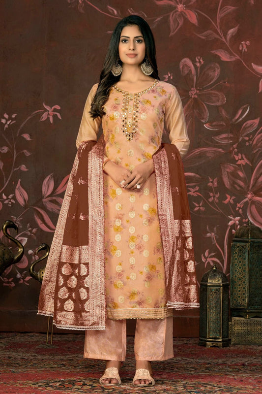 Peach Unstitched Cotton Jacquard Straight Suit NCUS11610160