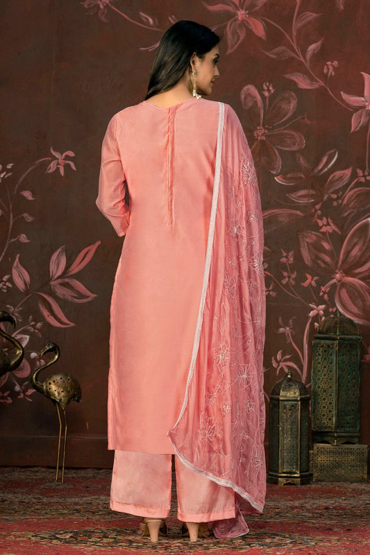 Peach Unstitched Cotton Jacquard Straight Suit NCUS11610167