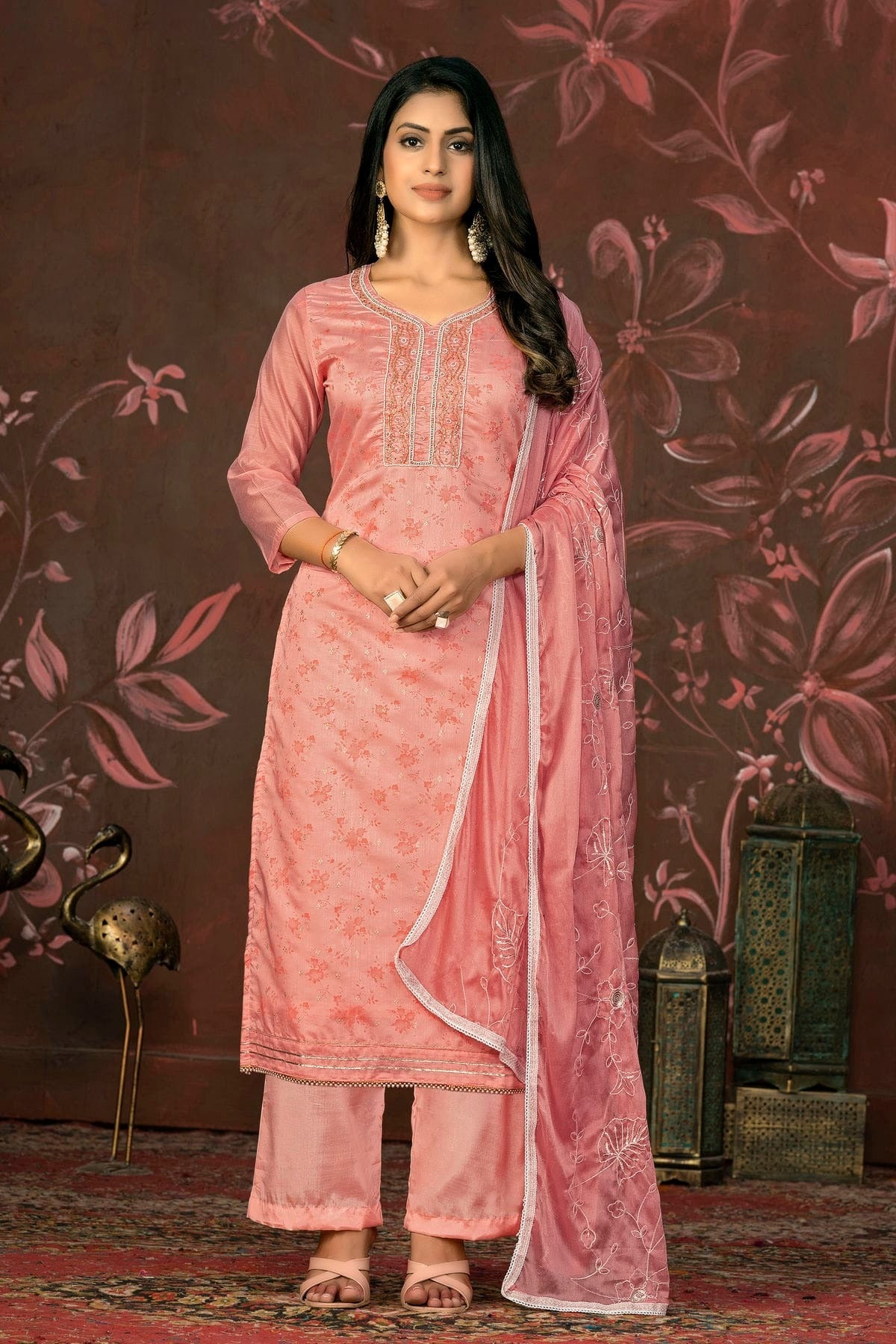 Peach Unstitched Cotton Jacquard Straight Suit NCUS11610167