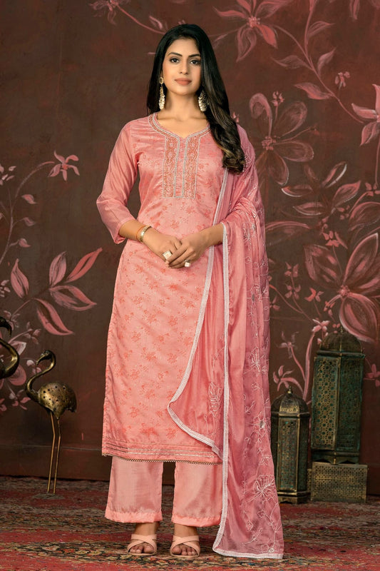 Peach Unstitched Cotton Jacquard Straight Suit NCUS11610167