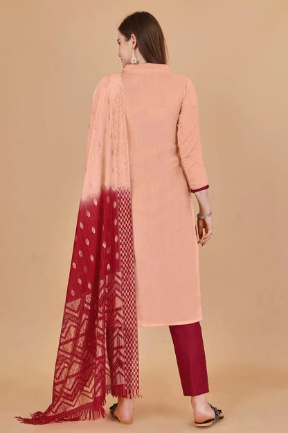 Peach Unstitched Cotton Jacquard Straight Suit NCUS11610378