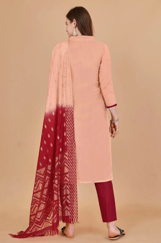 Peach Unstitched Cotton Jacquard Straight Suit NCUS11610378