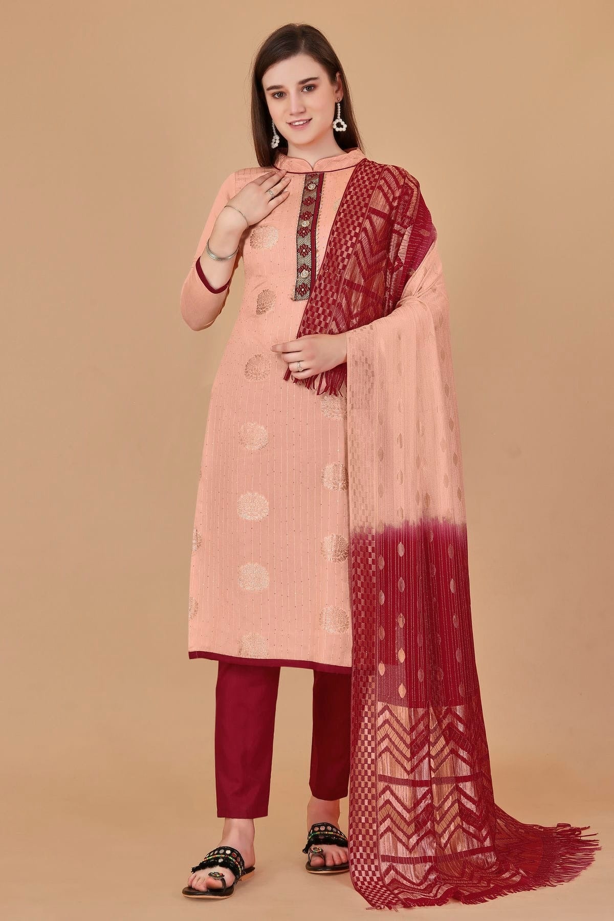 Peach Unstitched Cotton Jacquard Straight Suit NCUS11610378