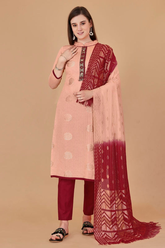 Peach Unstitched Cotton Jacquard Straight Suit NCUS11610378