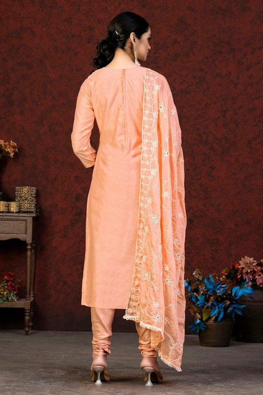 Peach Unstitched Modal Chanderi Churidar Suit NCUS11610290