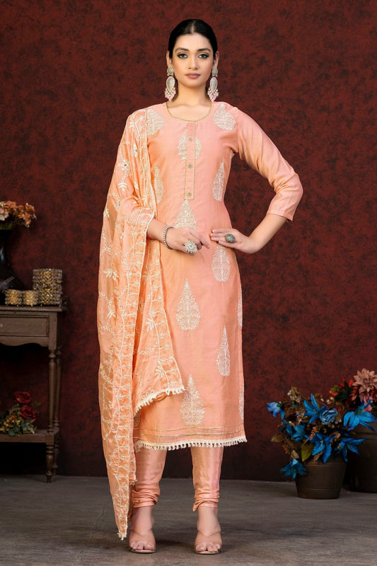 Peach Unstitched Modal Chanderi Churidar Suit NCUS11610290