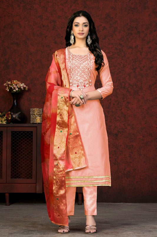 Peach Unstitched Modal Chanderi Straight Suit NCUS11610310