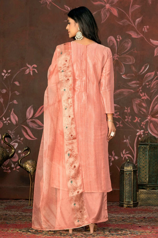 Peach Unstitched Modal Cotton Jacquard Straight Suit NCUS11610151