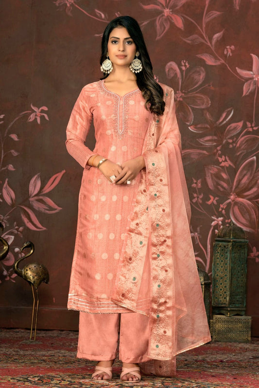 Peach Unstitched Modal Cotton Jacquard Straight Suit NCUS11610151