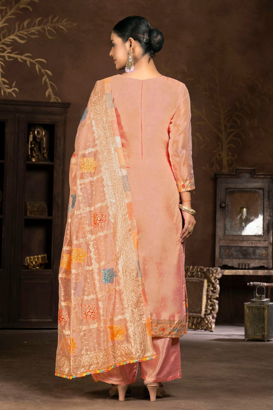 Peach Unstitched Organza Jacquard Plazzo Pant Suit NCUS11610399
