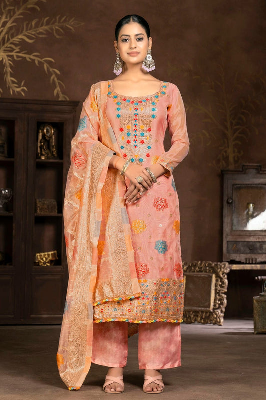 Peach Unstitched Organza Jacquard Plazzo Pant Suit NCUS11610399