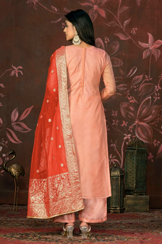 Peach Unstitched Organza Jacquard Straight Suit NCUS11610164