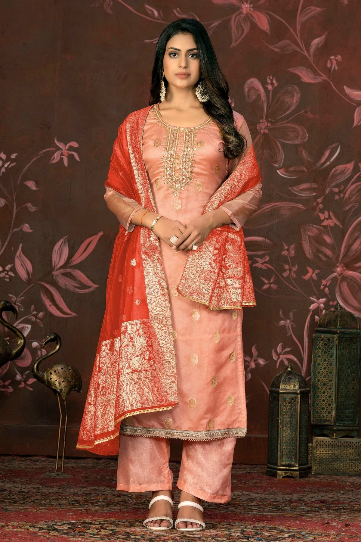 Peach Unstitched Organza Jacquard Straight Suit NCUS11610164
