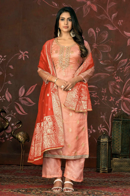 Peach Unstitched Organza Jacquard Straight Suit NCUS11610164