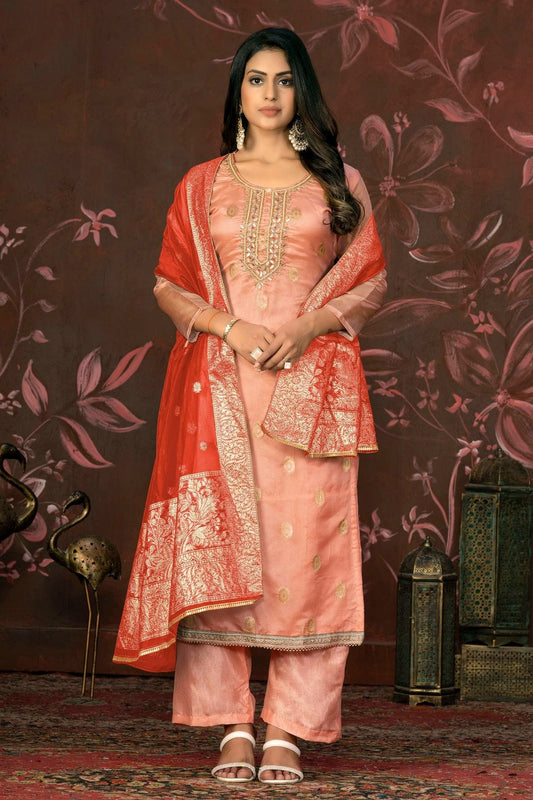 Peach Unstitched Organza Jacquard Straight Suit NCUS11610164