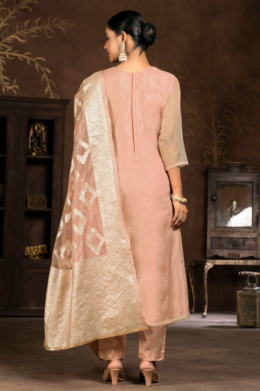 Peach Unstitched Organza Pant Style Suit NCUS11610119