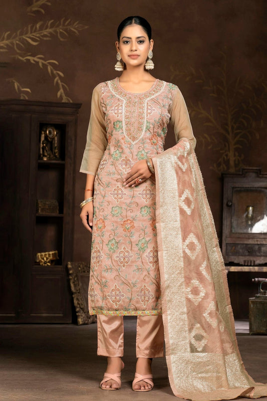Peach Unstitched Organza Pant Style Suit NCUS11610119