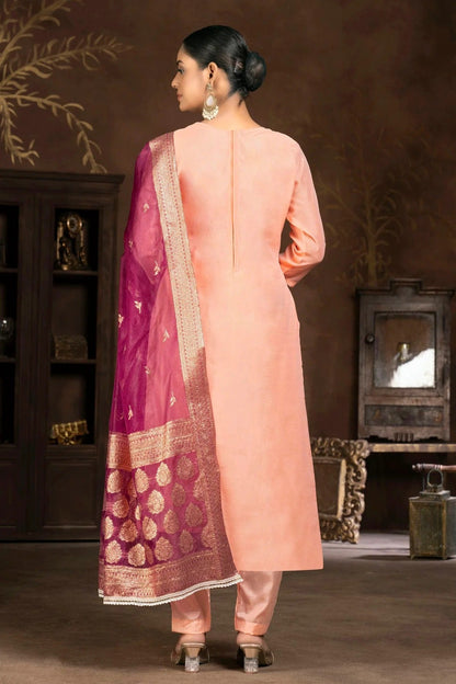Peach Unstitched Organza Pant Style Suit NCUS11610403