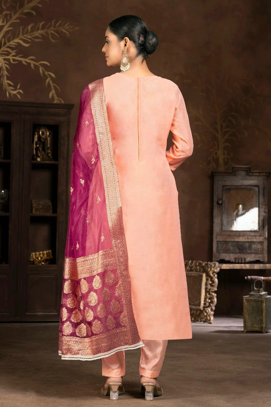 Peach Unstitched Organza Pant Style Suit NCUS11610403