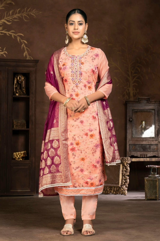 Peach Unstitched Organza Pant Style Suit NCUS11610403