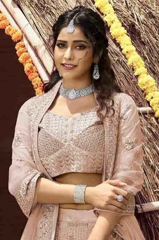 Peach Velvet Resham Lehenga Choli NCLC10810414