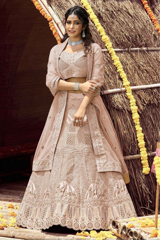 Peach Velvet Resham Lehenga Choli NCLC10810414