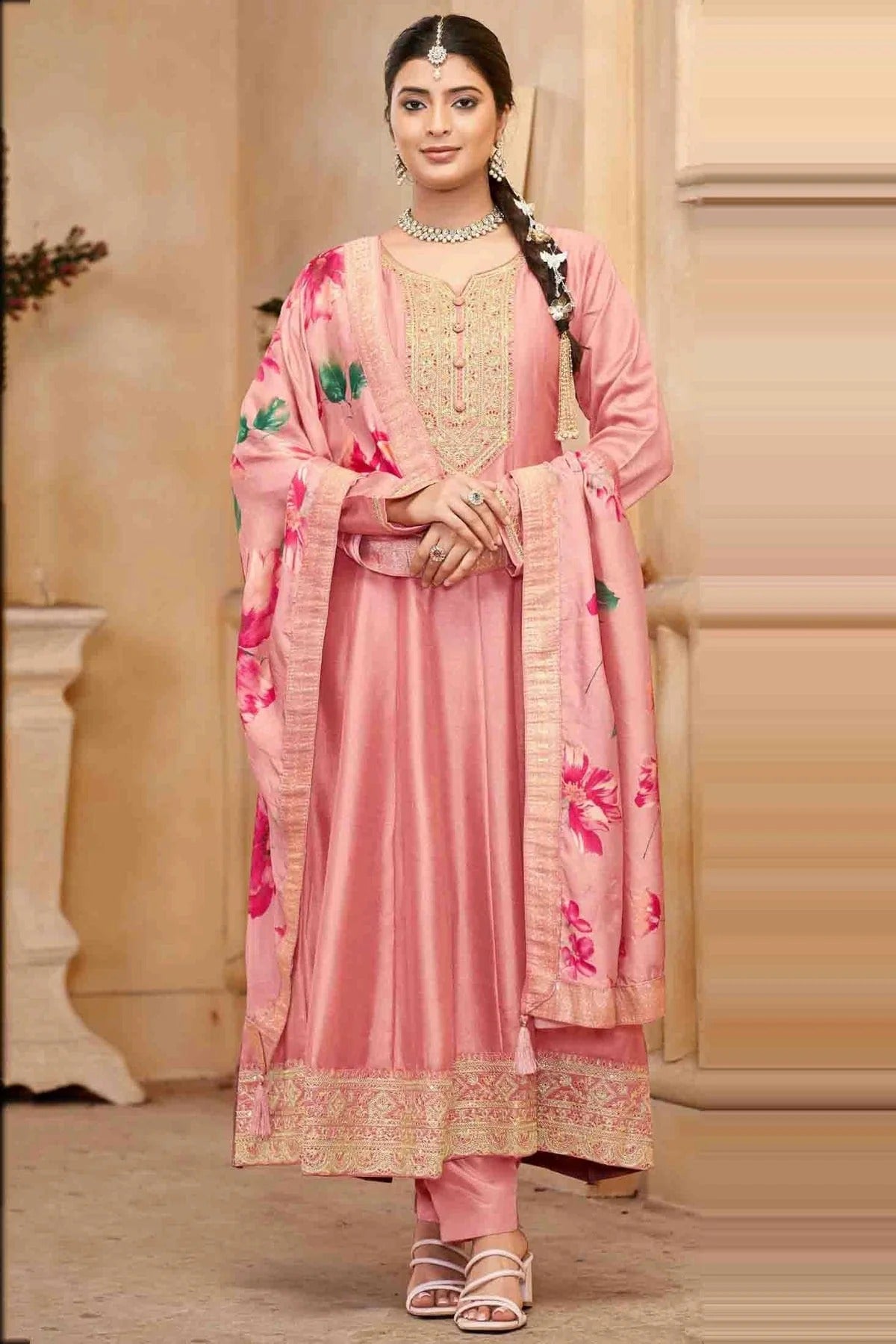 Peach Vichitra Silk Anarkali Suit NCSM11110890