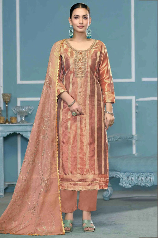 Peach Viscose Organza Pant Style Suit NCSM11110764