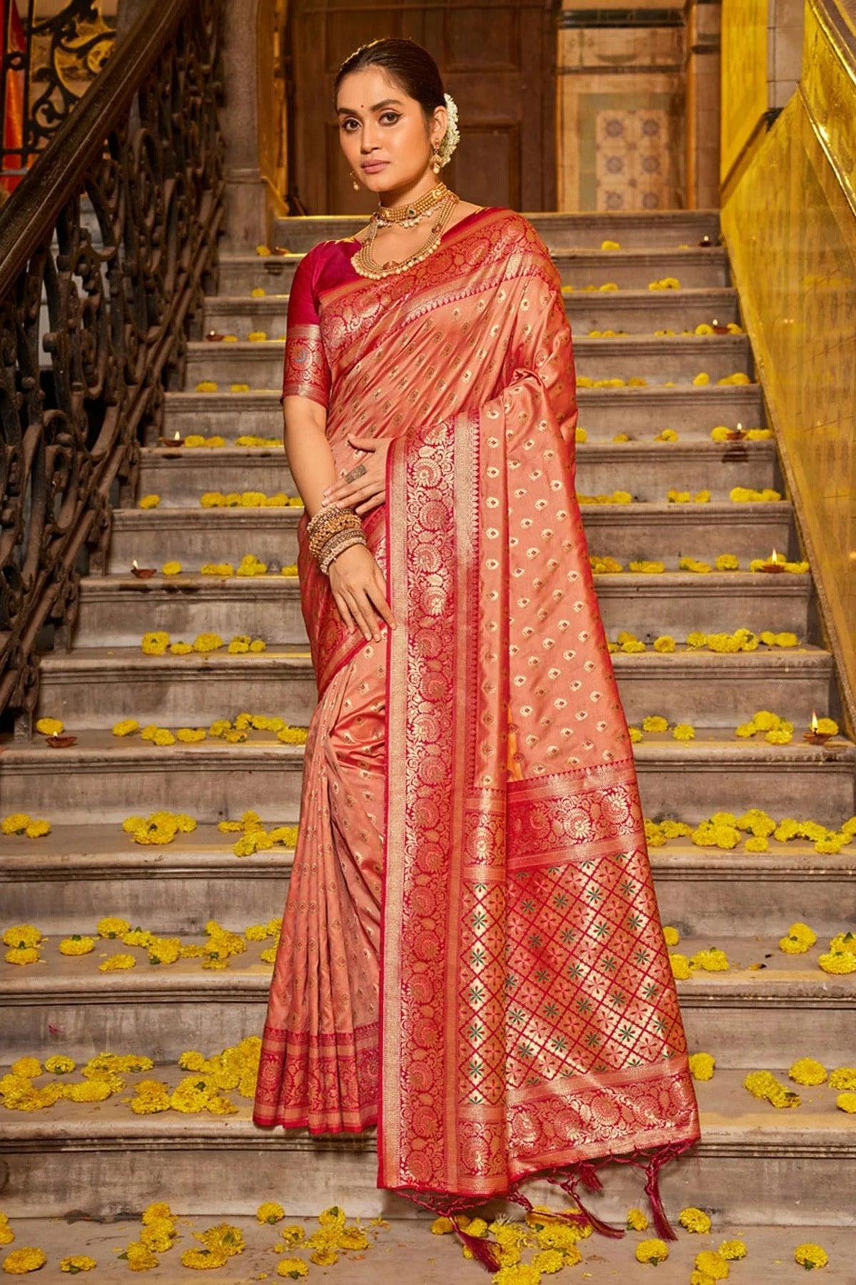 Peach Woven Banarasi Silk Saree NCSD11010534