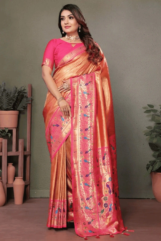 Peach Woven Pure Banarasi Tissue Silk Traditional Saree NCSD12510165