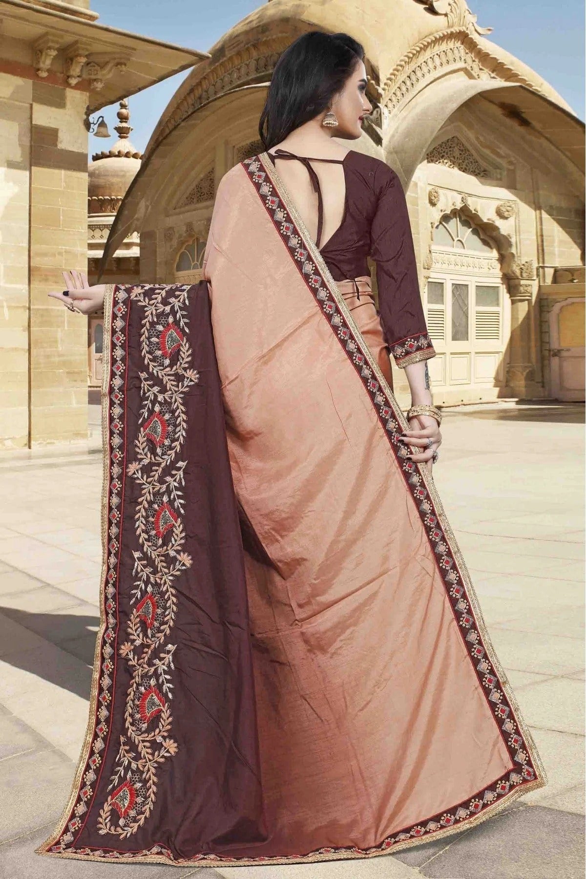 Peach and Brown Dola Silk Designer Saree NCSD11210664
