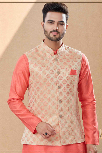 Peach and Cream Kurta PajamaWith Jacket In Silk Dupion  NCKP10410738