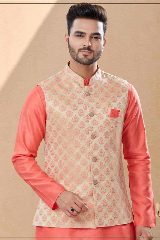 Peach and Cream Kurta PajamaWith Jacket In Silk Dupion  NCKP10410738