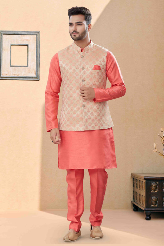 Peach and Cream Kurta PajamaWith Jacket In Silk Dupion NCKP10410738