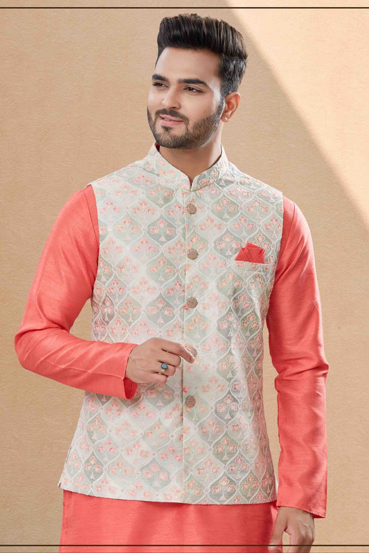 Peach and Cream Kurta PajamaWith Jacket In Silk Dupion  NCKP10410740