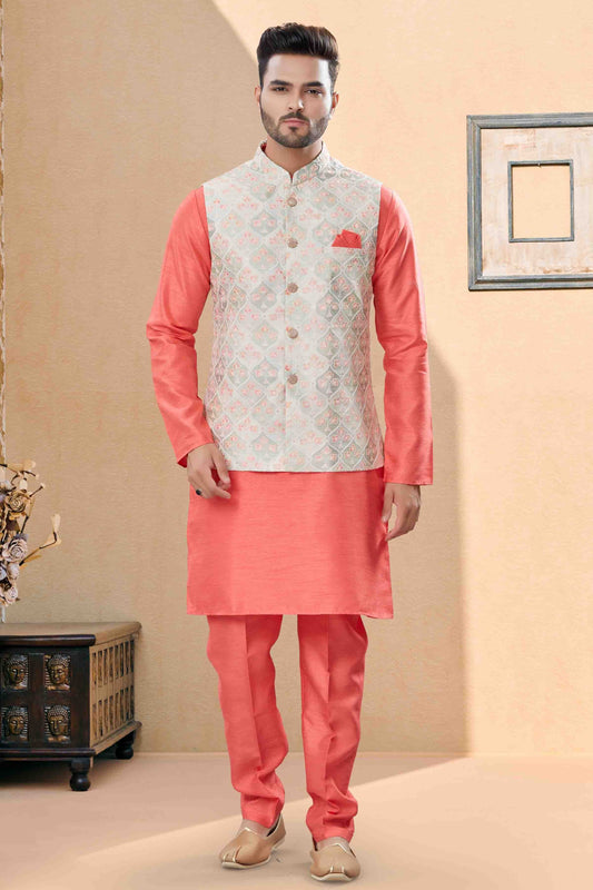 Peach and Cream Kurta PajamaWith Jacket In Silk Dupion NCKP10410740