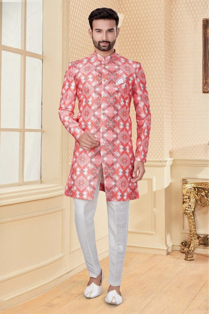 Peach and Pink Jacquard Sherwani NCSH10410356