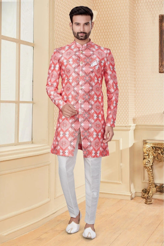 Peach and Pink Jacquard Sherwani NCSH10410356