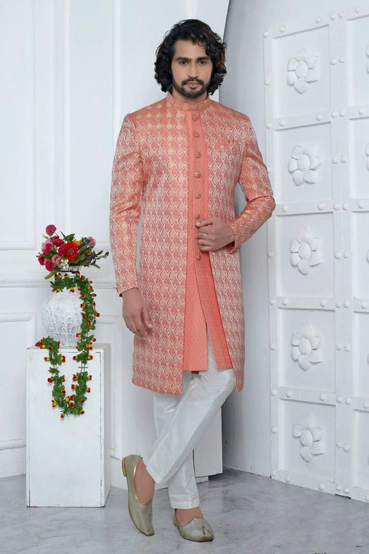 Peach and Pink Jacquard Silk Indowestern Sherwan With Aligadhi Pant  NCSH12310343