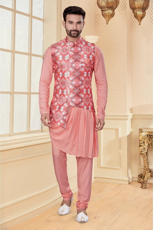 Peach and Pink Kurta PajamaWith Jacket In Soft Silk NCKP10410720