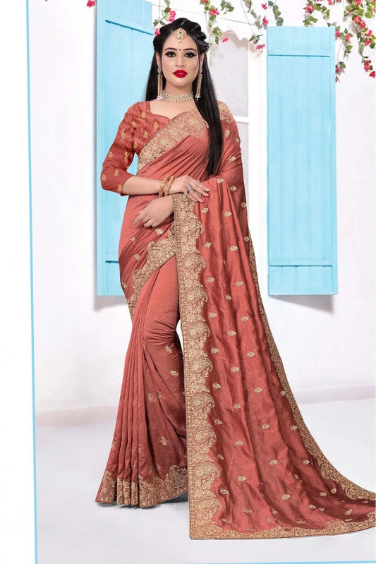 Peach and Pink Vichitra Silk Embroidery Saree NCSD10910554