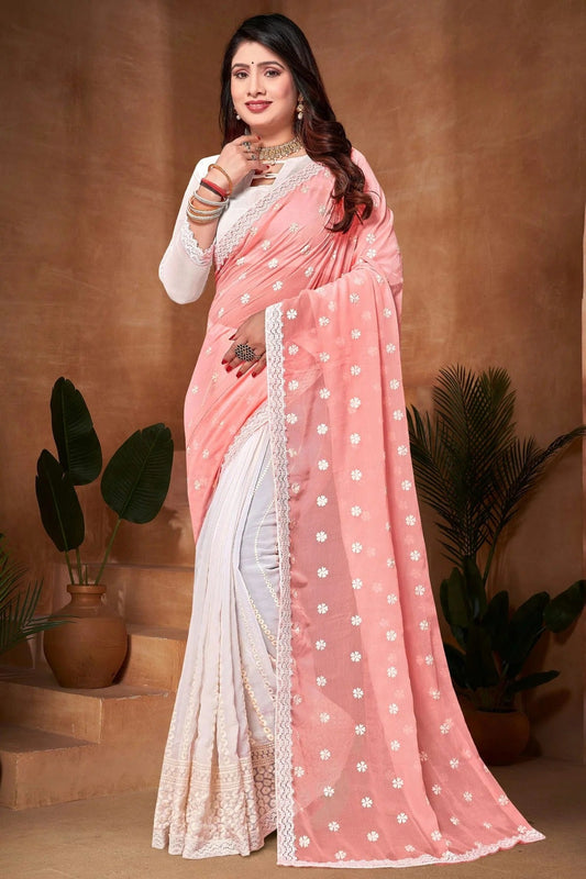 Peach and White Georgette Half N Half Saree NCSD10910161