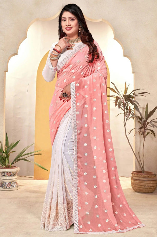 Peach and White Georgette Half N Half Saree NCSD10910221