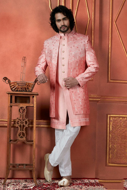 Pink Art Silk Indowestern Sherwan With Aligadhi Pant  NCSH12310281