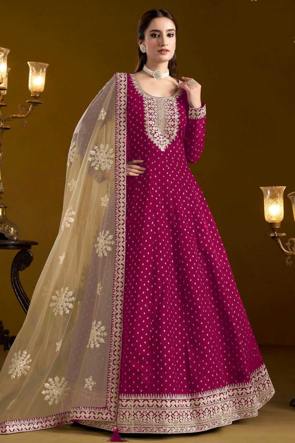 Pink Chanderi Butti Semi Stitched Anarkali Suit NCSM10510159