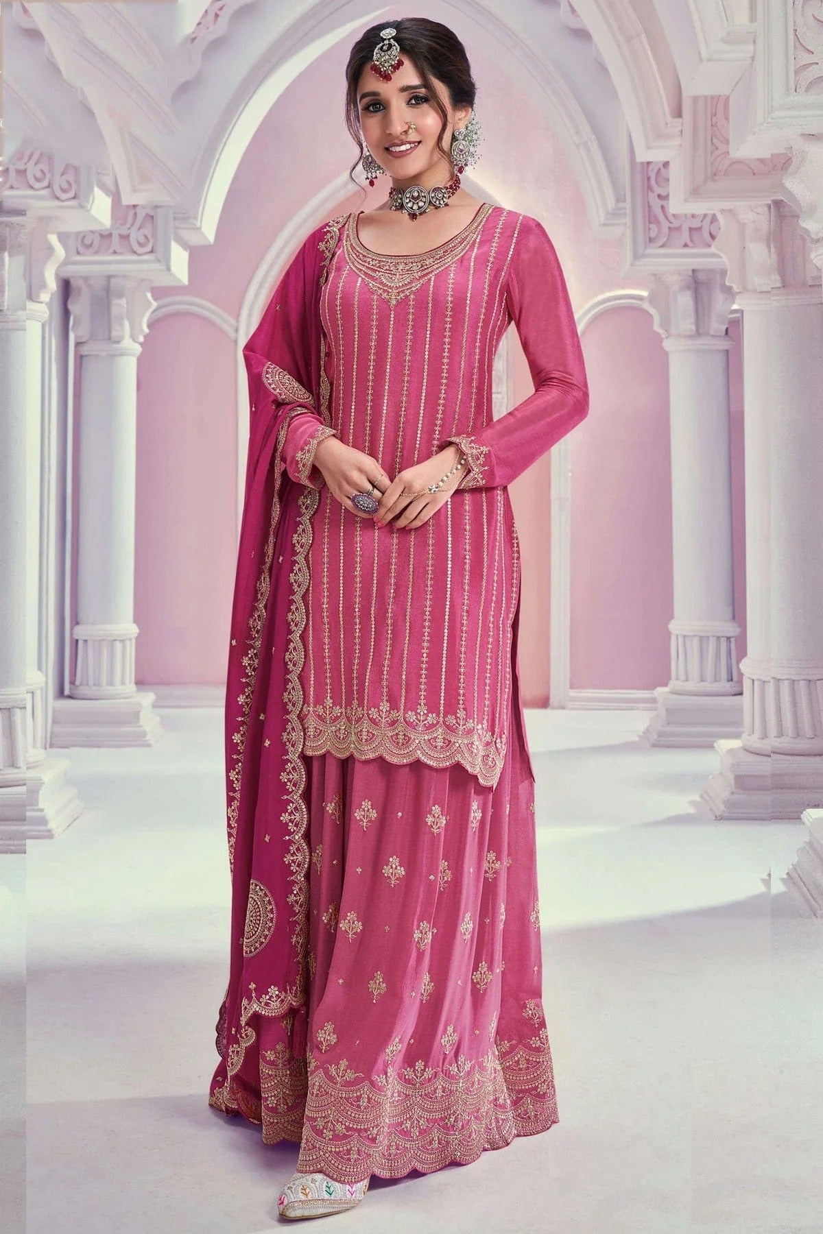Pink Chinon Palazzo Pant Suit NCSM11410376