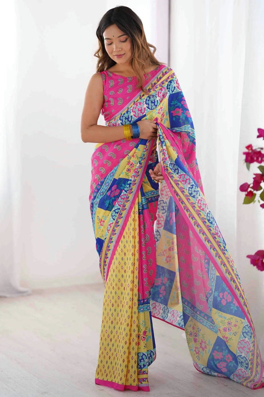 Pink Chinon Printed Saree NCSD11110119